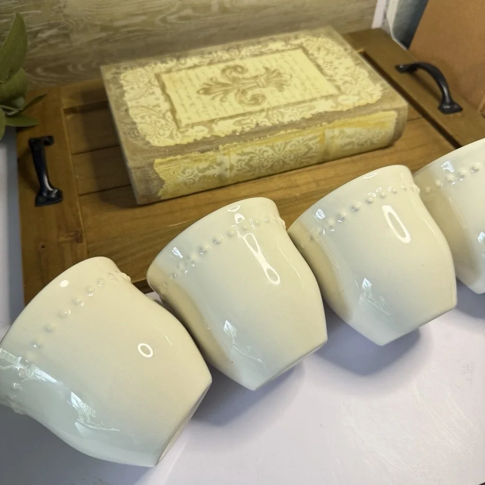 Pottery Barn Emma Off White Beaded Rim Coffee Mugs Set of 4 Made in Portugal
